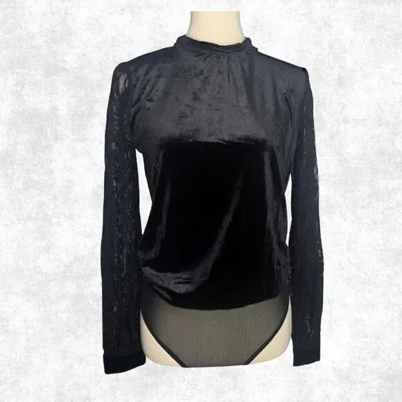Jealous Tomato Black Velvet Lace Sleeve Bodysuit – Goth Glam Keyhole Back S - Picture 4 of 7